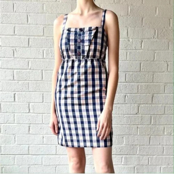 NWT Anthropologie Maeve Blue White Plaid Printed Dress with Sheen Size Small - Picture 1 of 9